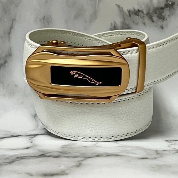 Fashion Leather Gold Slide White Mens Belt Automatic Car Puma‎ Buckle Designer - Picture 1 of 2